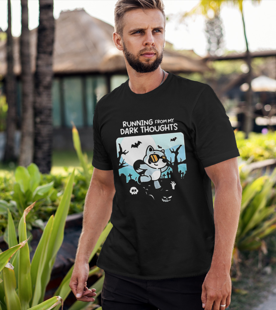 Raccoon Running From My Dark Thoughts Moonlight Bats And Graveyard Scene T-Shirt