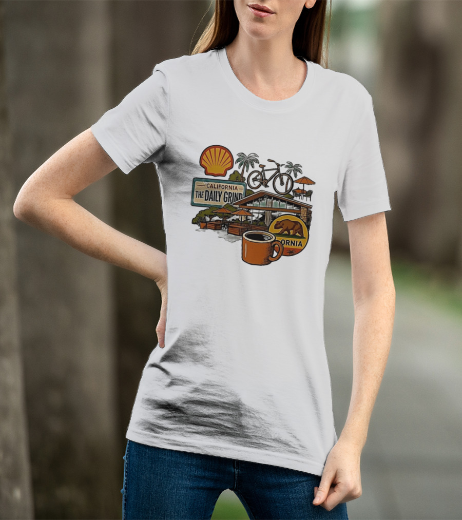 California The Daily Grind Shell Coffee Bear Bike Palms T-Shirt