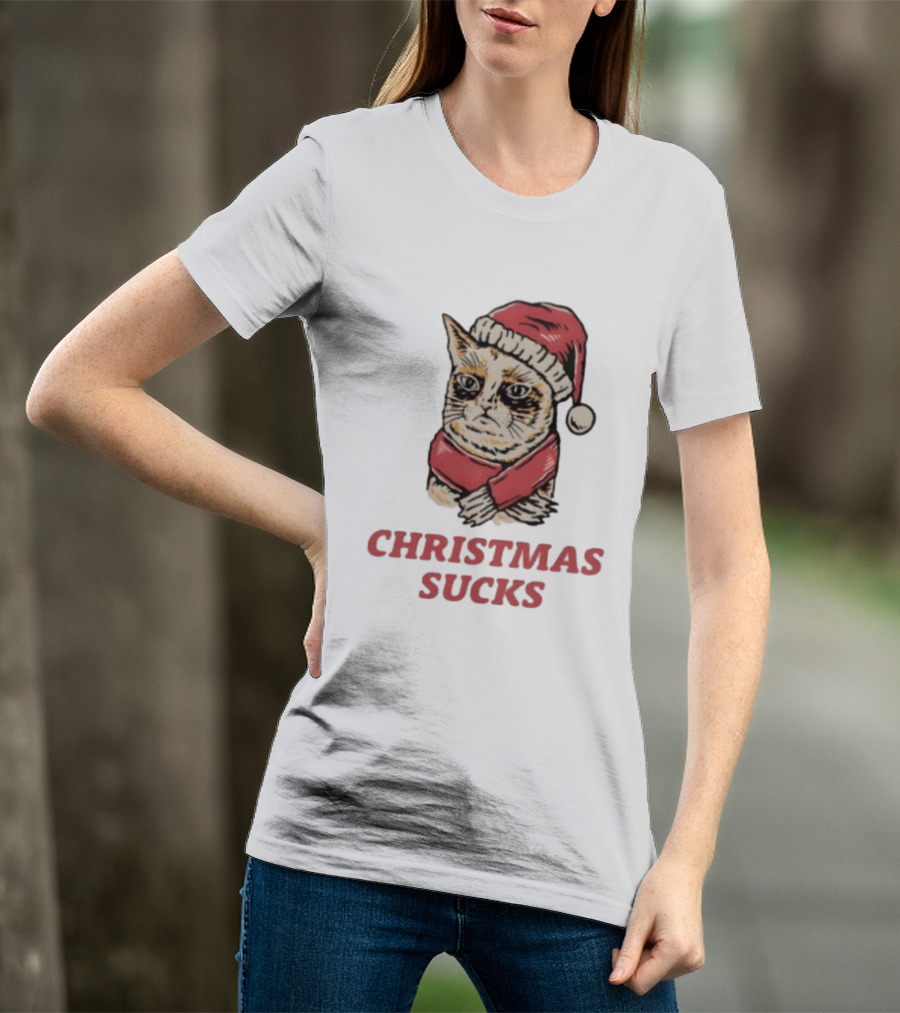 Cat Santa Hat Christmas Sucks Grumpy Humor T-Shirt