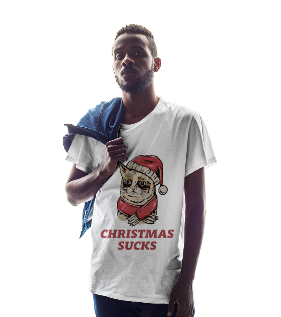 Cat Santa Hat Christmas Sucks Grumpy Humor T-Shirt