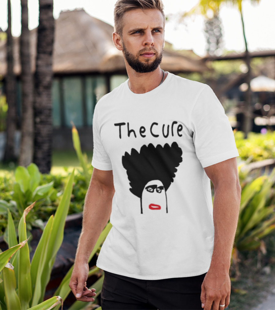 Kieran Maguire Wearing The Cure Text Bold Face Black Hair Red Lips T-Shirt