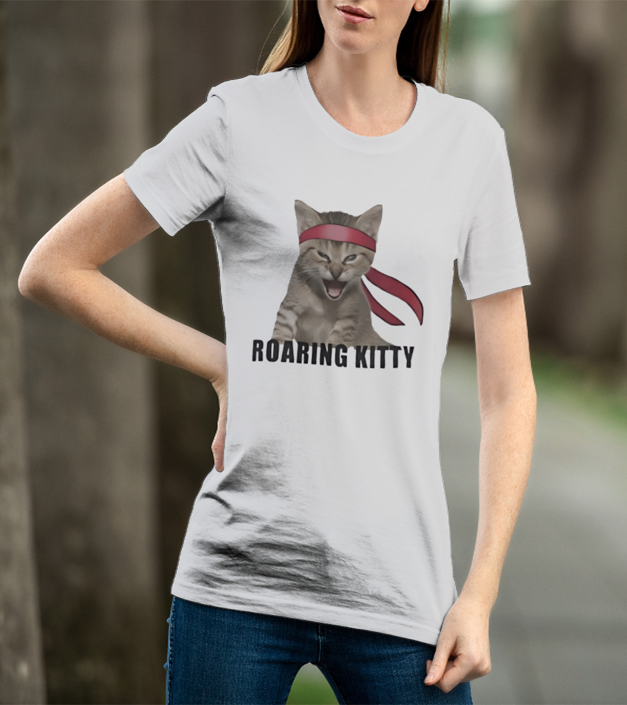 Roaring Kitty Kitten In Red Headband Stock Market Meme T-Shirt