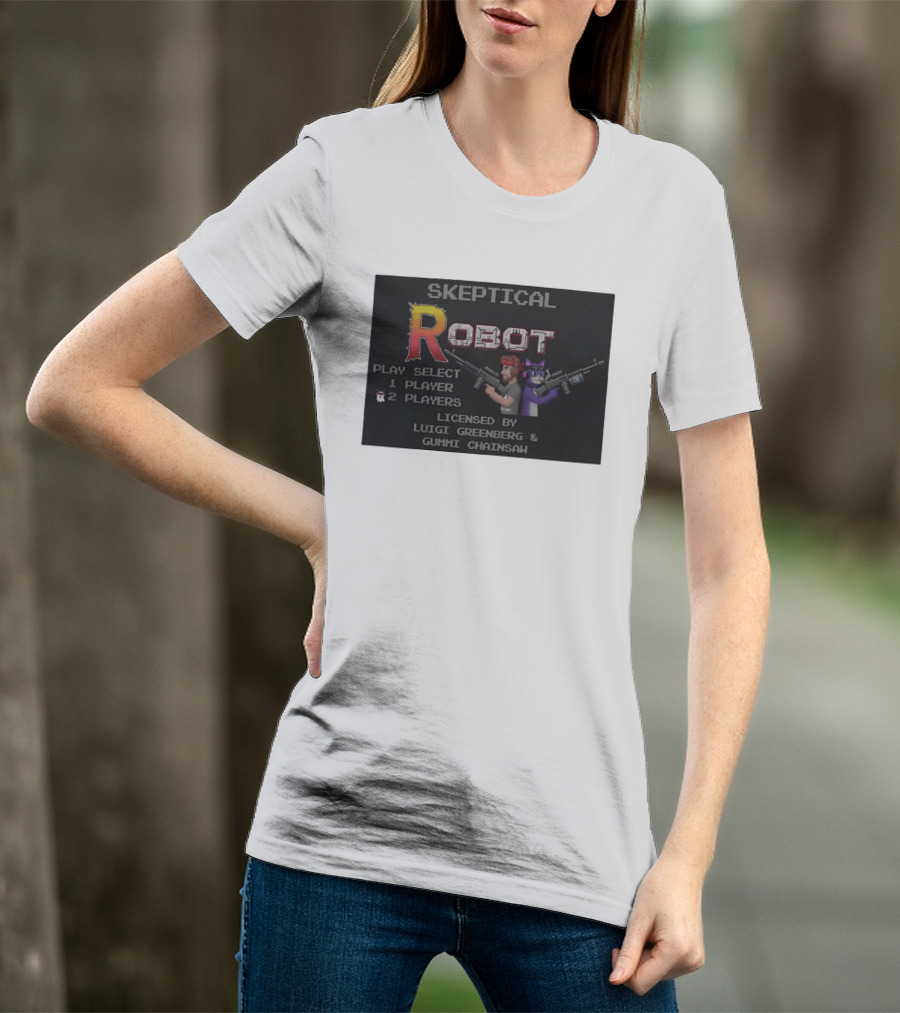 Skeptical Robot Play Select Luigi Greenberg Gummi Chainsaw T-Shirt