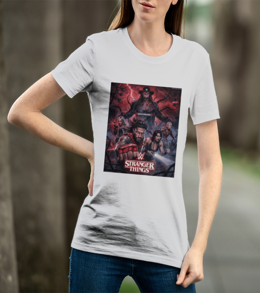 WWE And Stranger Things Crossover With The Undertaker, Roman Reigns, Cody Rhodes, Rhea Ripley, And Liv Morgan T-Shirt