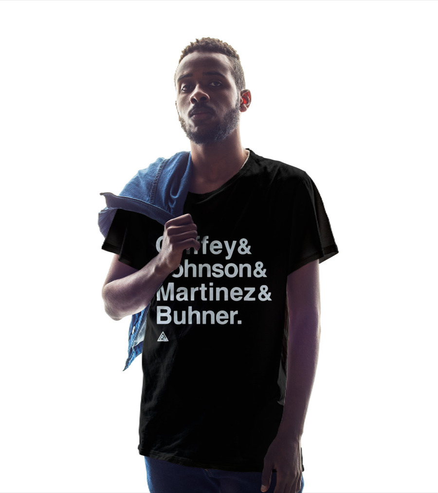 Griffey Johnson Martinez Buhner White Sans Serif Text Triangular T-Shirt
