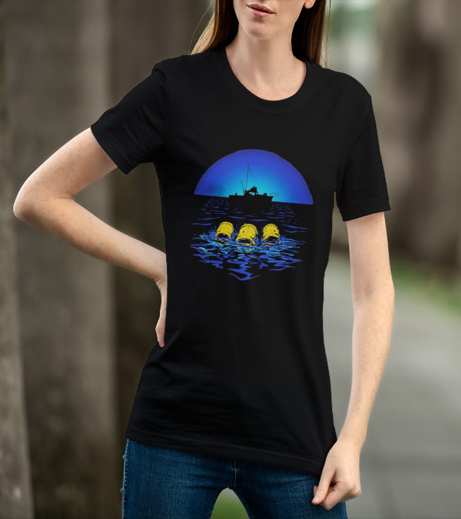 Jaws Orca Boat With Yellow Barrels Steven Spielberg Retro Ocean Scene T-Shirt