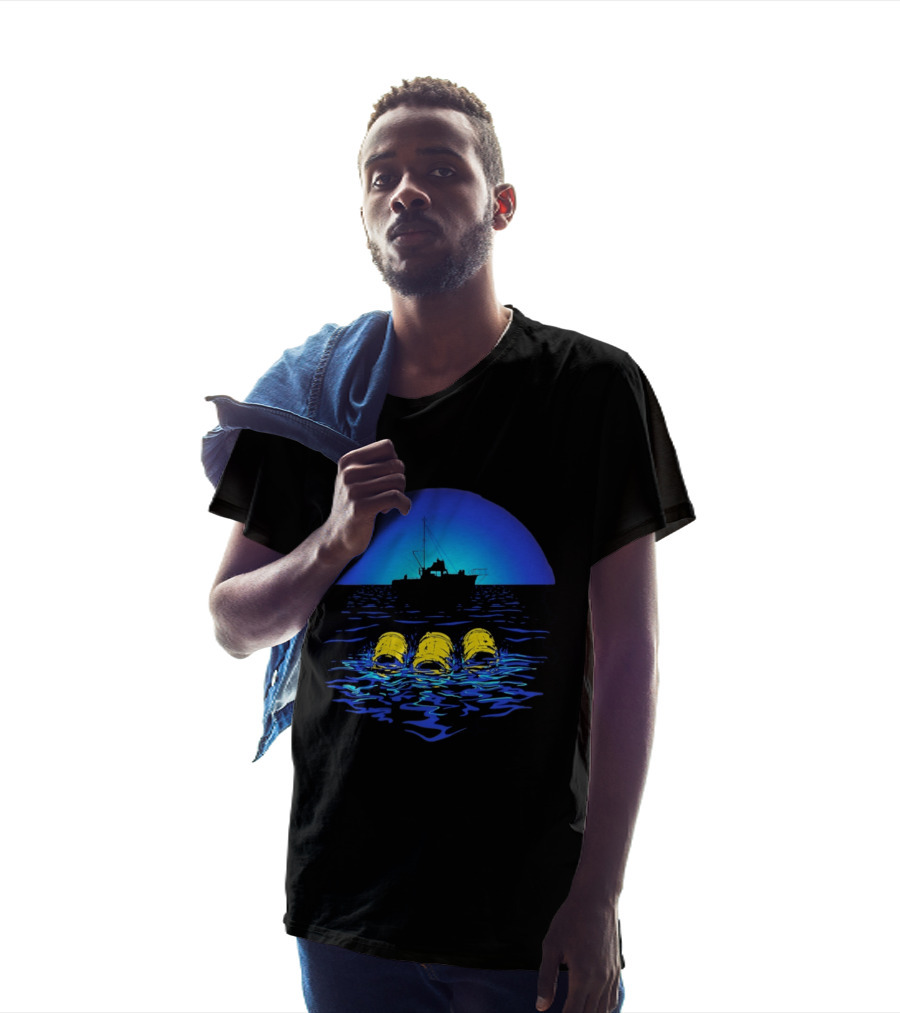 Jaws Orca Boat With Yellow Barrels Steven Spielberg Retro Ocean Scene T-Shirt