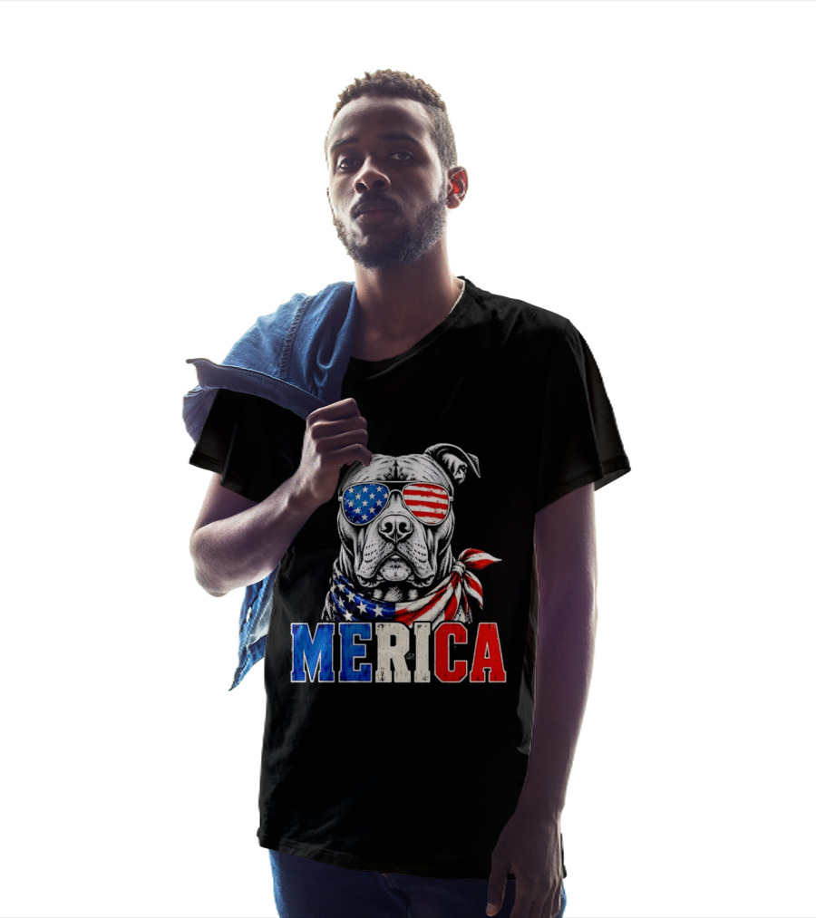 Patriotic Pit Bull Merica Dog With American Flag Sunglasses And Bandana T-Shirt