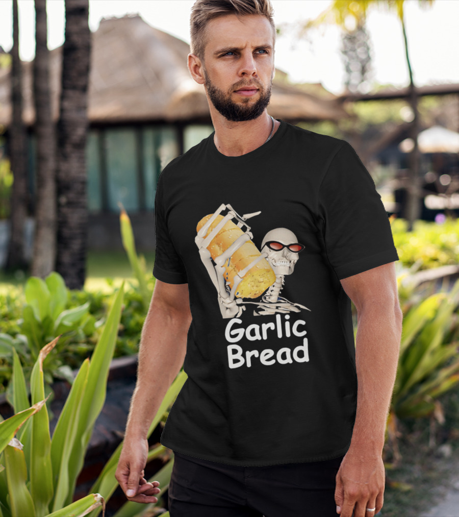 Skeleton Holding Baguette Garlic Bread Wearing Sunglasses T-Shirt