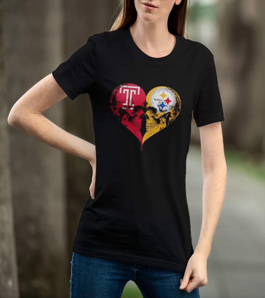 Temple Owls Pittsburgh Steelers Skulls Heart Shape Distressed T-Shirt