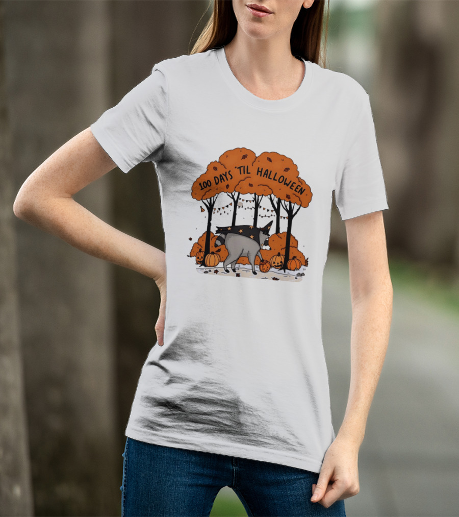 100 Days 'til Halloween Raccoon Wizard Costume In Pumpkin Patch Forest T-Shirt