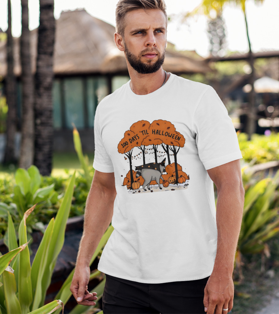 100 Days 'til Halloween Raccoon Wizard Costume In Pumpkin Patch Forest T-Shirt