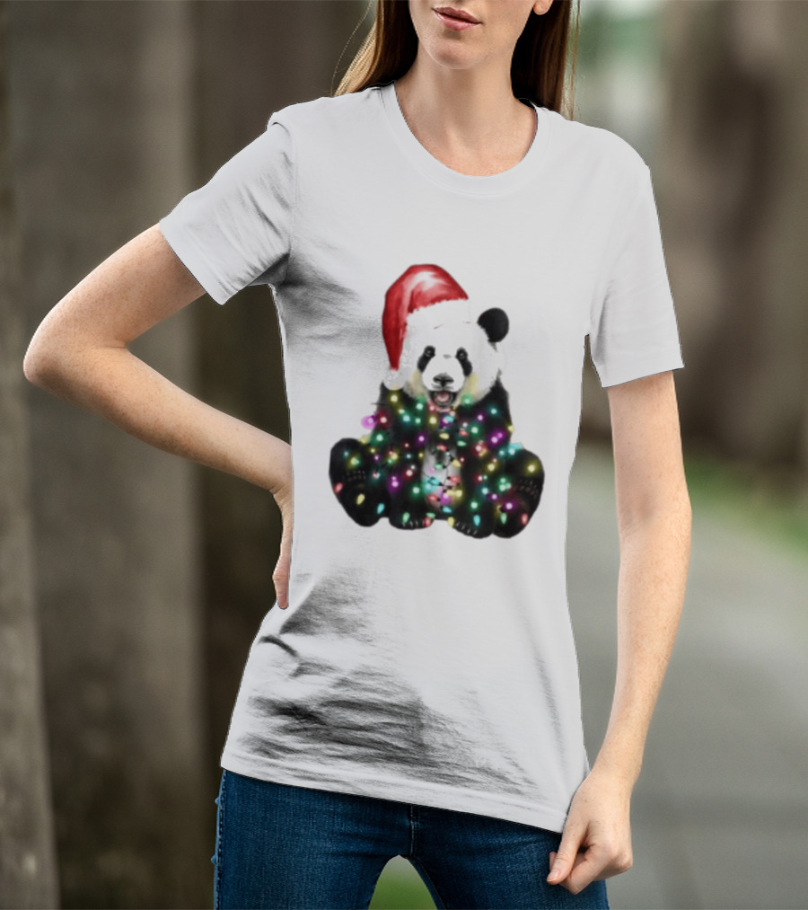 Panda With Christmas Lights And Santa Hat Holiday Animals T-Shirt