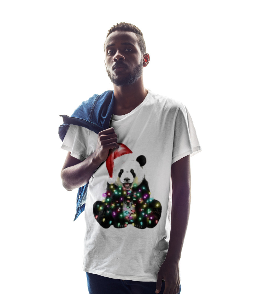 Panda With Christmas Lights And Santa Hat Holiday Animals T-Shirt
