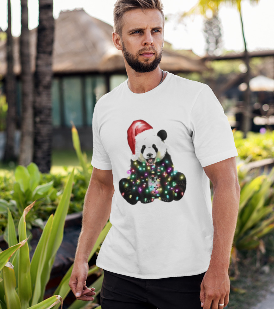 Panda With Christmas Lights And Santa Hat Holiday Animals T-Shirt