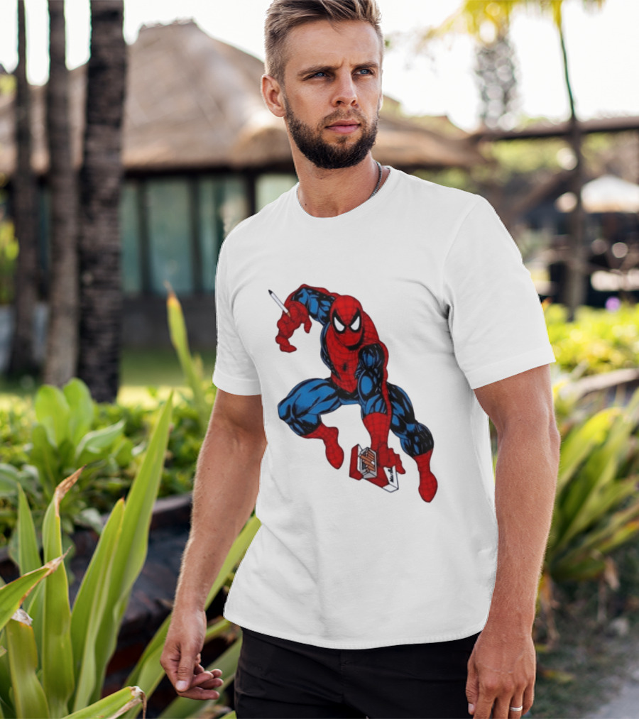 Marlboro Spider Man Crouching Holding Cigarette Packcartoon T-Shirt