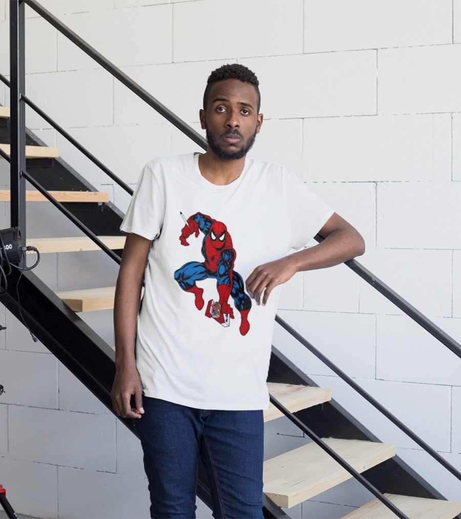 Marlboro Spider Man Crouching Holding Cigarette Packcartoon T-Shirt