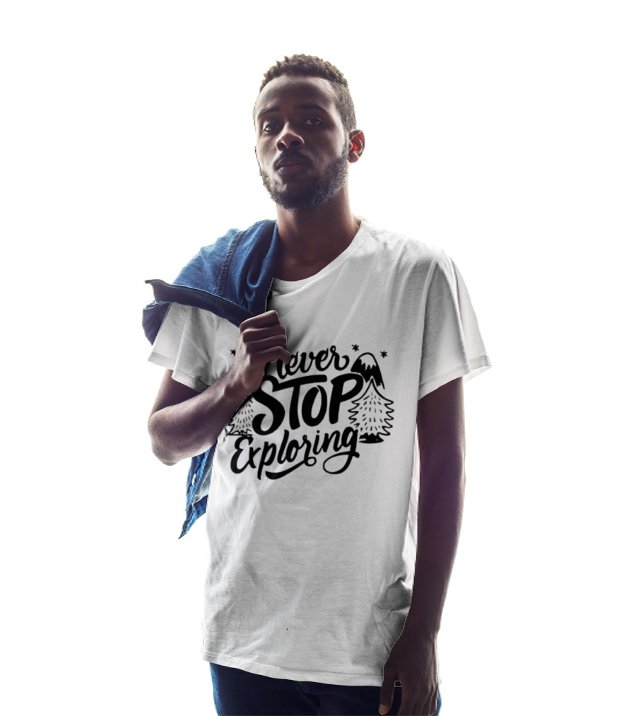 Never Stop Exploring Pine Trees Snowy Mountain Peak Stars T-Shirt