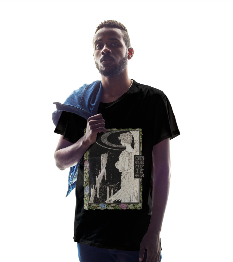 Angel Nouveau Unraveled Floral Frame Illustrative Art Winged Celestial Figure T-Shirt