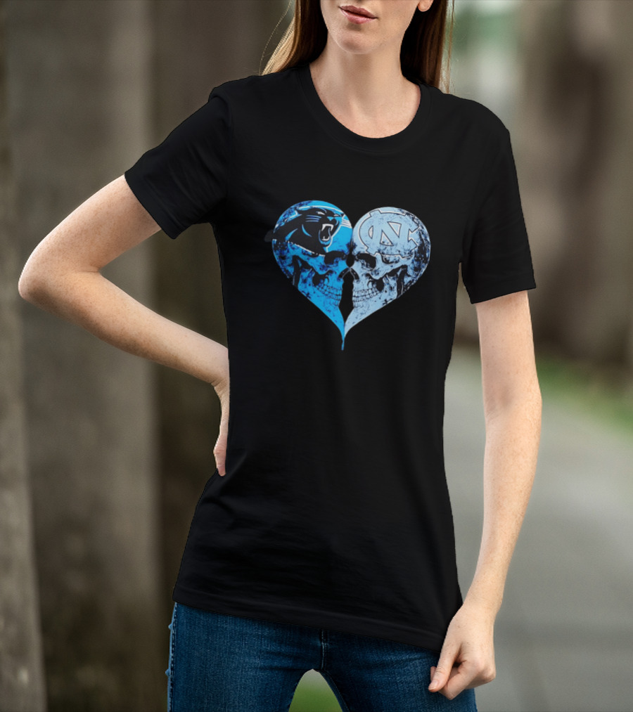 Carolina Panthers North Carolina Tar Heels Skulls Face To Face Heart Shape T-Shirt