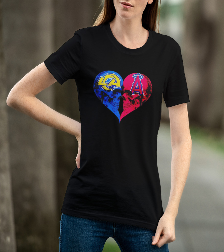 Los Angeles Rams Vs Los Angeles Angels Skulls Heart Face To Face Distressed T-Shirt
