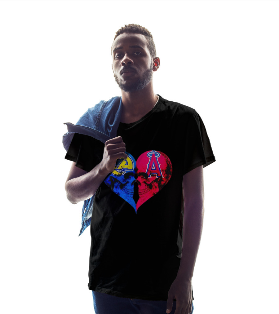 Los Angeles Rams Vs Los Angeles Angels Skulls Heart Face To Face Distressed T-Shirt