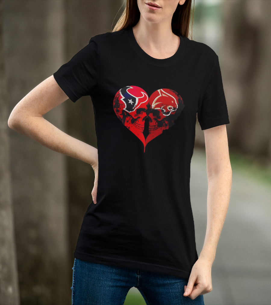 Houston Texans And Tampa Bay Buccaneers Skulls Heart Shape Distressed T-Shirt