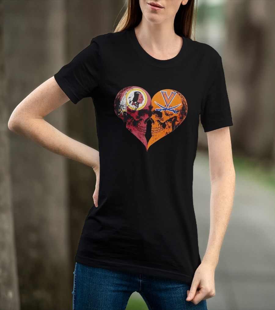 Washington Redskins Virginia Cavaliers Skulls Face To Face Heart Shape Distressed T-Shirt