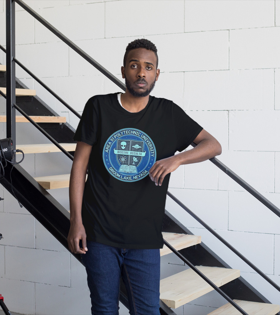 Area 51 Polytechnic University Groom Lake Nevada Discere Occulta Emblem With Alien UFO Science T-Shirt
