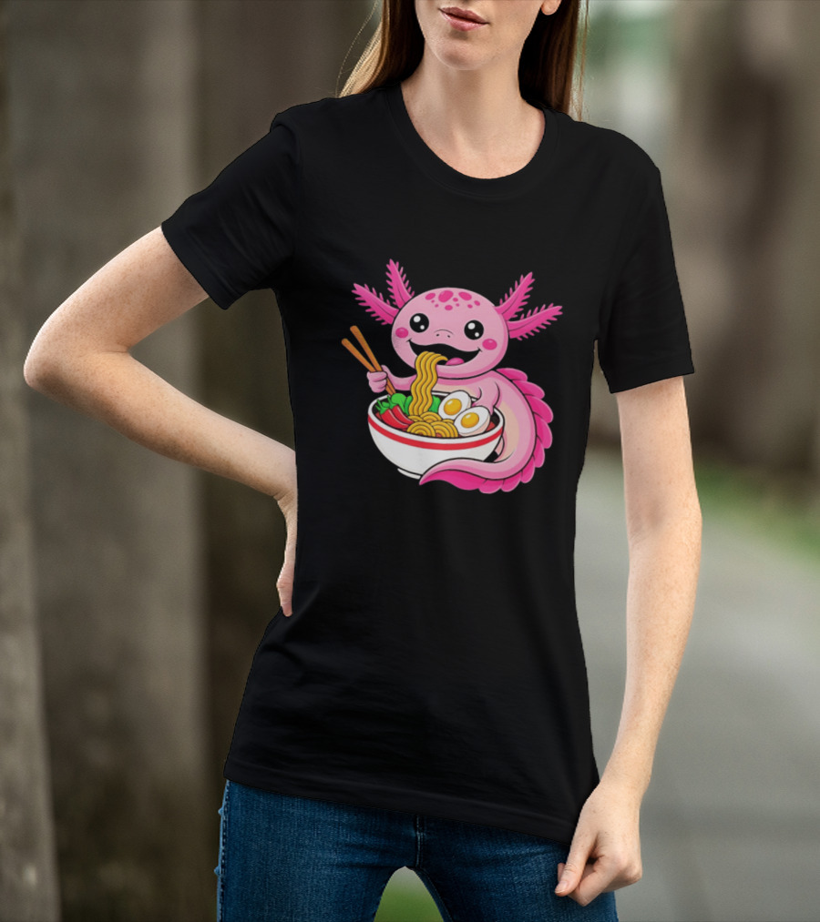 Axolotl Eating Ramen Kawaii Style With Chopsticks And Eggs T-Shirt