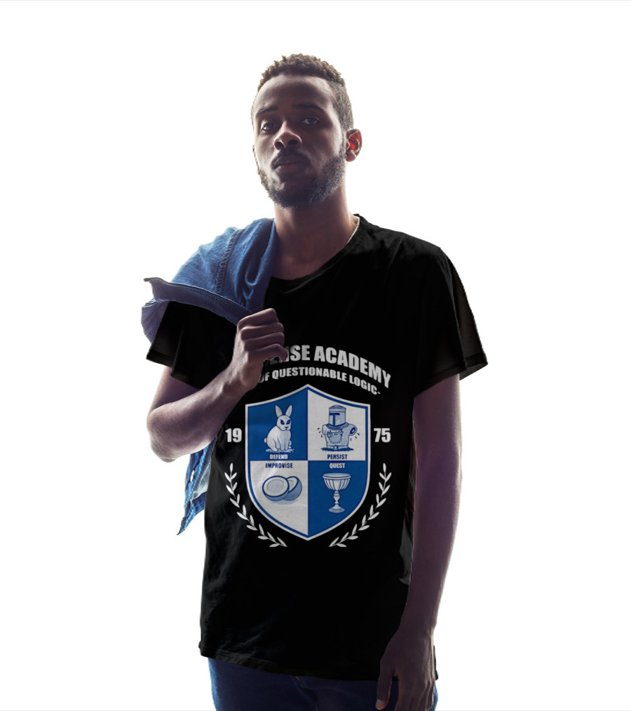 Nonsense Academy 1975 Crest Dept Of Questionable Logic Defend Improvise Persist Quest T-Shirt