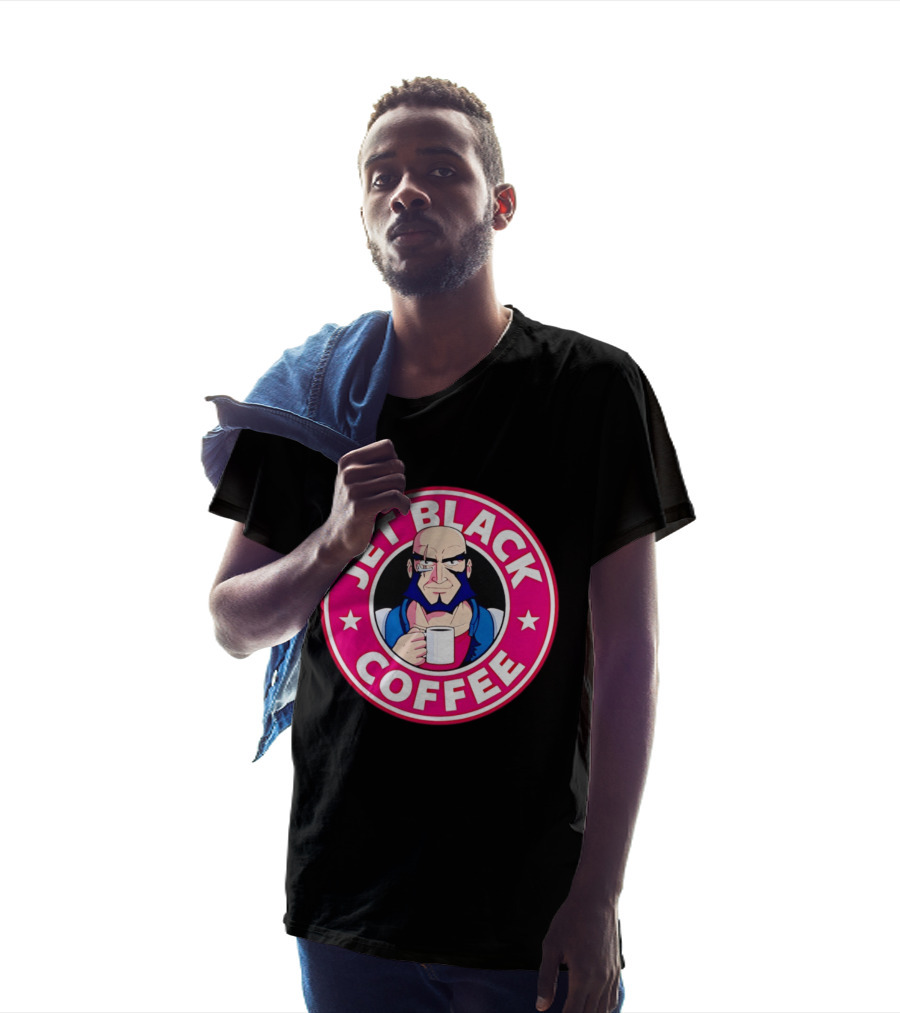 Jet Black Coffee Stern Man Holding T-Shirt
