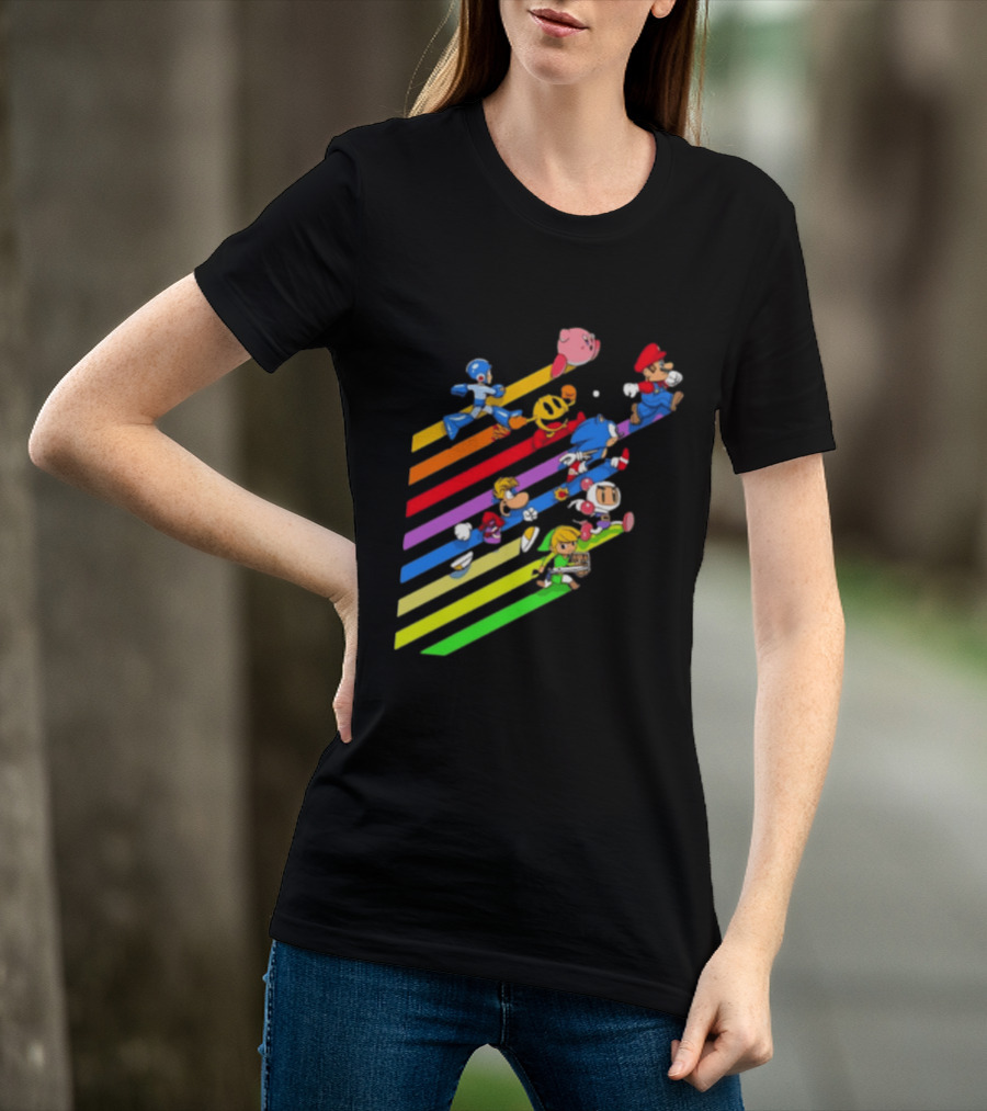 Legends Gaming Mario Pac Man Mega Man Sonic Link Kirby Bomberman Rayman Characters T-Shirt