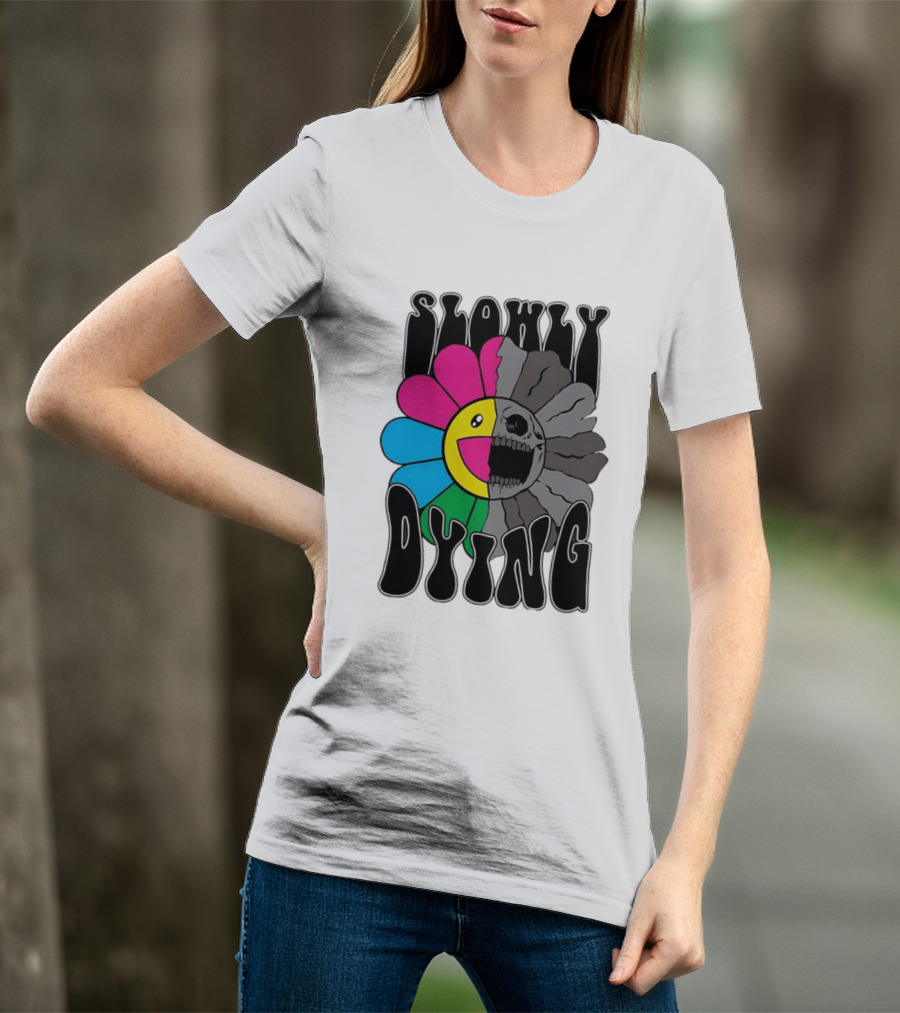Slowly Dying Colorful Flower Skull Dark Half Happy Half Grim T-Shirt