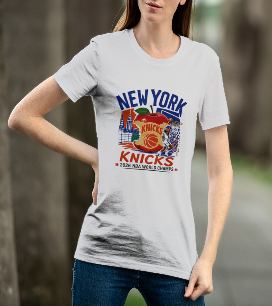 New York Knicks 2026 NBA World Champs Skyline Apple Basketball T-Shirt