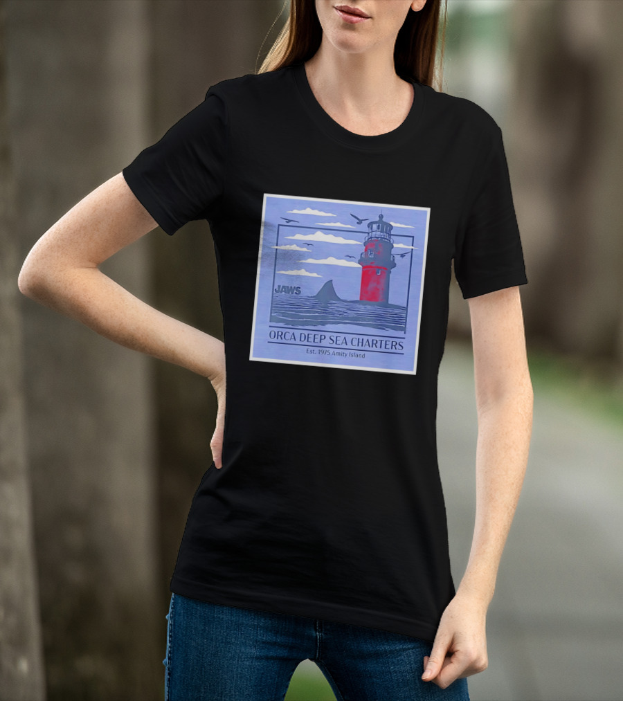 Jaws Orca Deep Sea Charters 1975 Amity Island Lighthouse Ocean Adventure T-Shirt