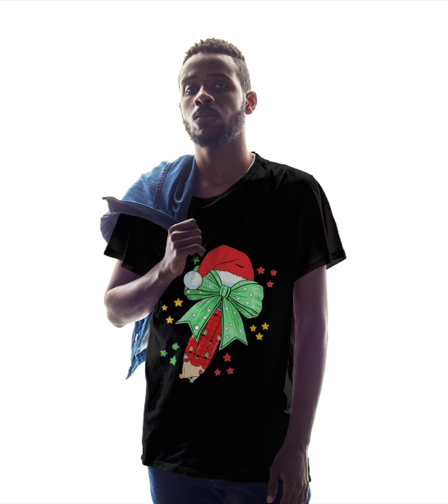 Christmas Elf Pen Candy Cane With Green Bow And Santa Hat T-Shirt