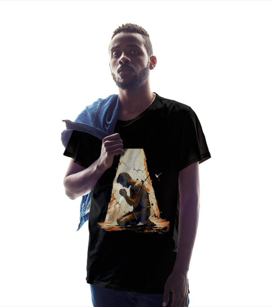 Man Kneeling In Prayer Spiritual Faith Devotion Cracked Wall And Light T-Shirt