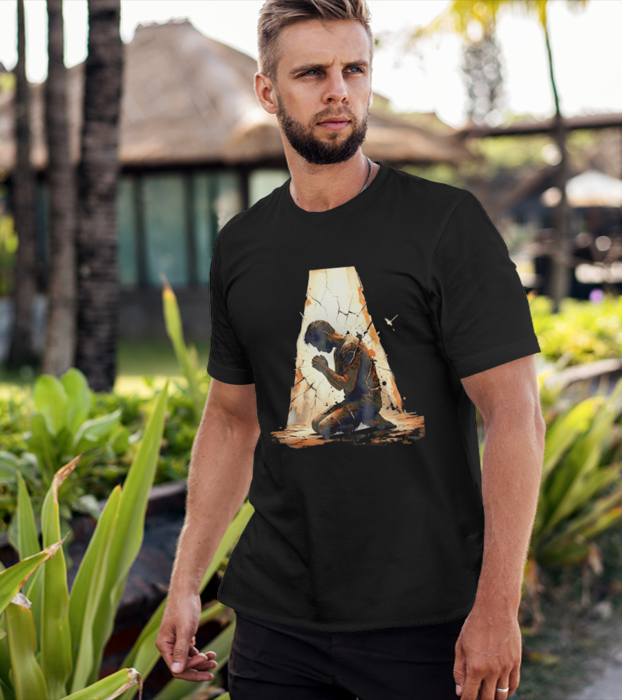 Man Kneeling In Prayer Spiritual Faith Devotion Cracked Wall And Light T-Shirt