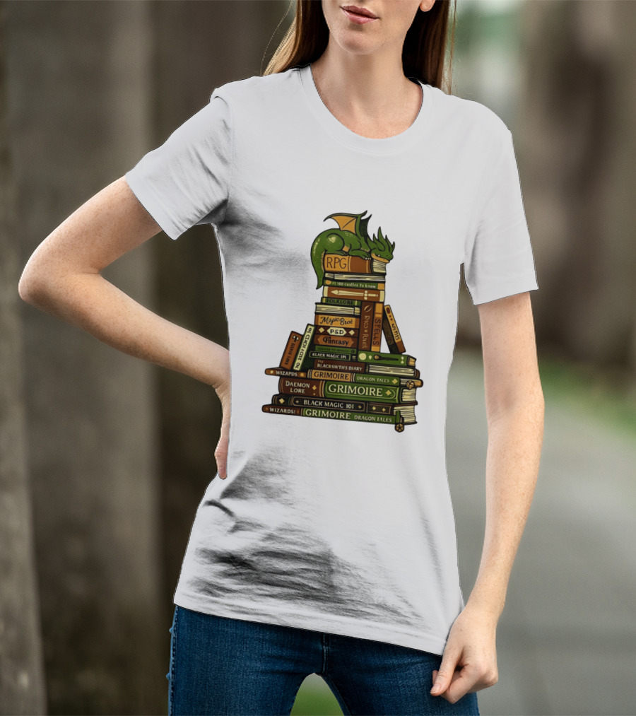 Dragon Resting On RPG Fantasy Grimoire Magic Books Stack T-Shirt