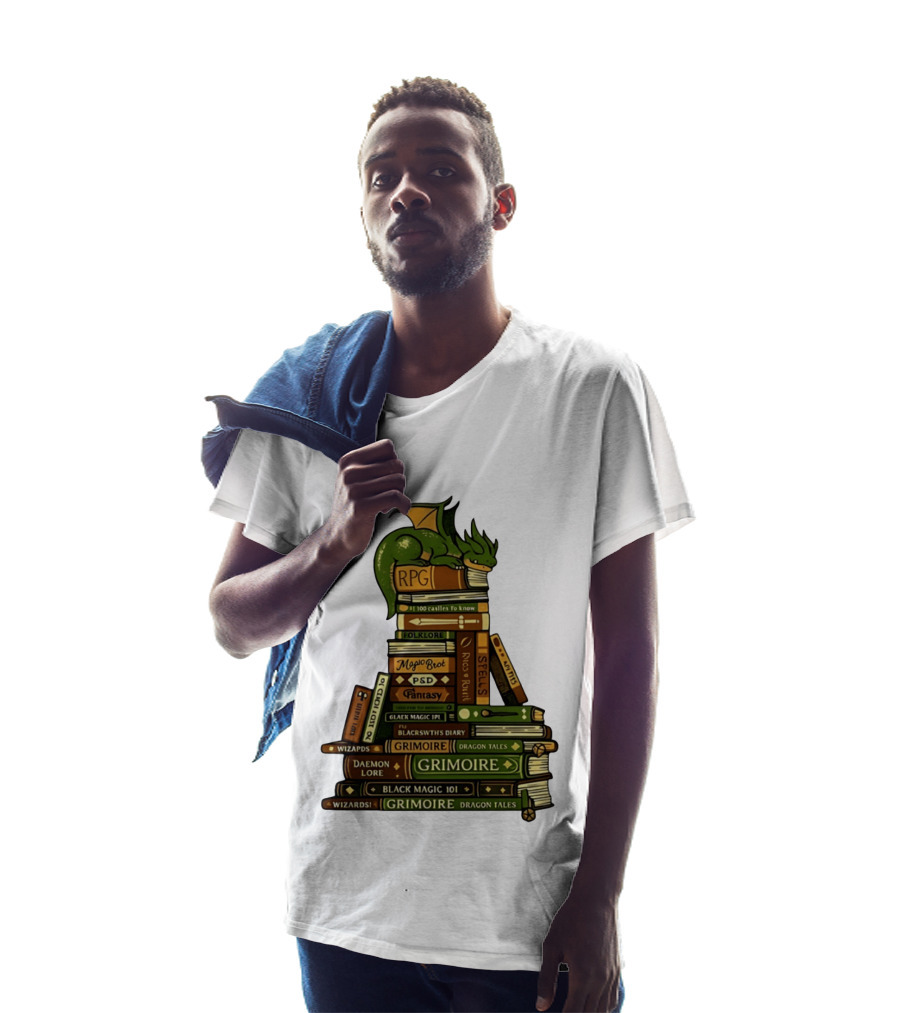Dragon Resting On RPG Fantasy Grimoire Magic Books Stack T-Shirt