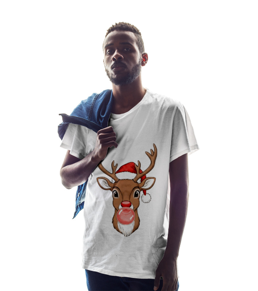 Merry Christmas Reindeer Santa Hat Bubble Gum Red Nose T-Shirt