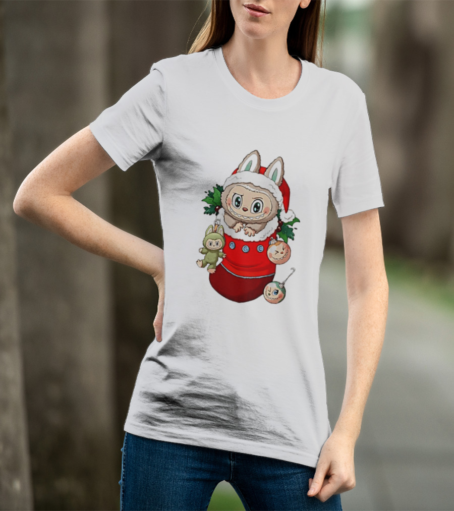 Stocking Stuffer Labubu Christmas Santa Hat Holly Ornaments T-Shirt