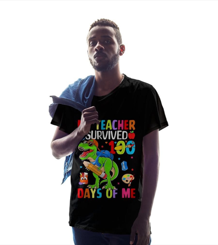 My Teacher Survived 100 Days Of Me Dinosaur With School Supplies And Apple T-Shirt