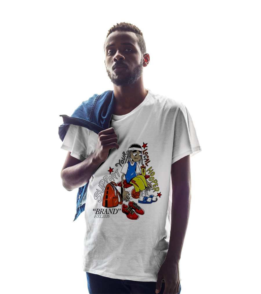 Support Your Local Hooper Cartoon Basketball Player Backpack Red Shoes Brand Est 2026 T-Shirt