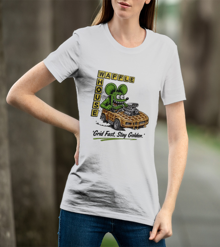 Rat Fink Waffle House Grid Fast Stay Golden Car Racer T-Shirt