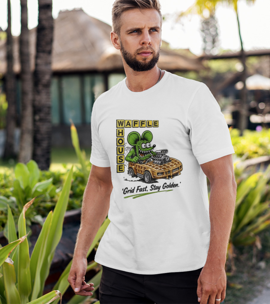 Rat Fink Waffle House Grid Fast Stay Golden Car Racer T-Shirt