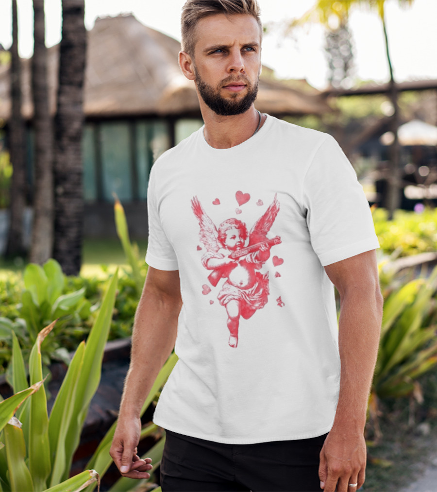 Red Pink Cherub Cupid Shotgun Hearts Clouds T-Shirt