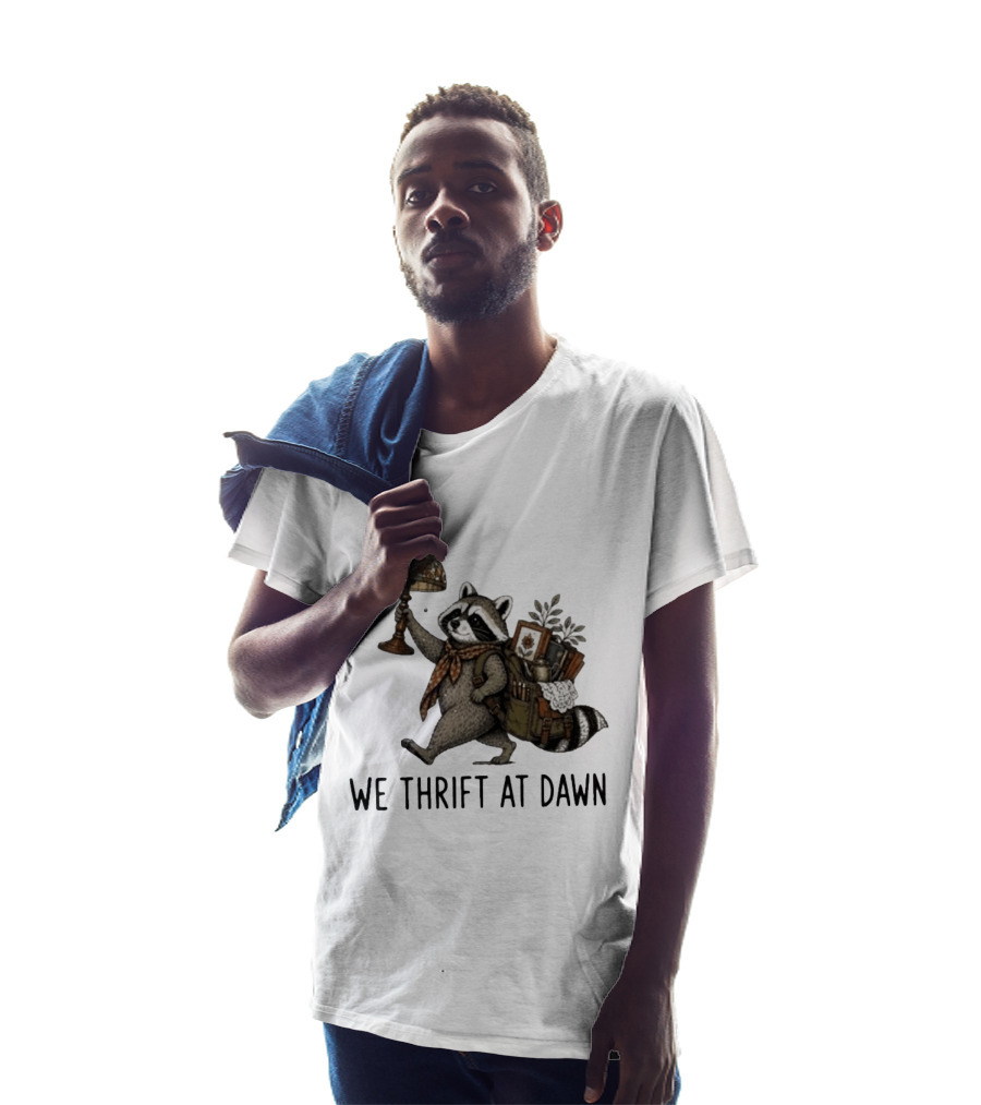 Raccoon With Backpack And Lamp We Thrift At Dawn T-Shirt