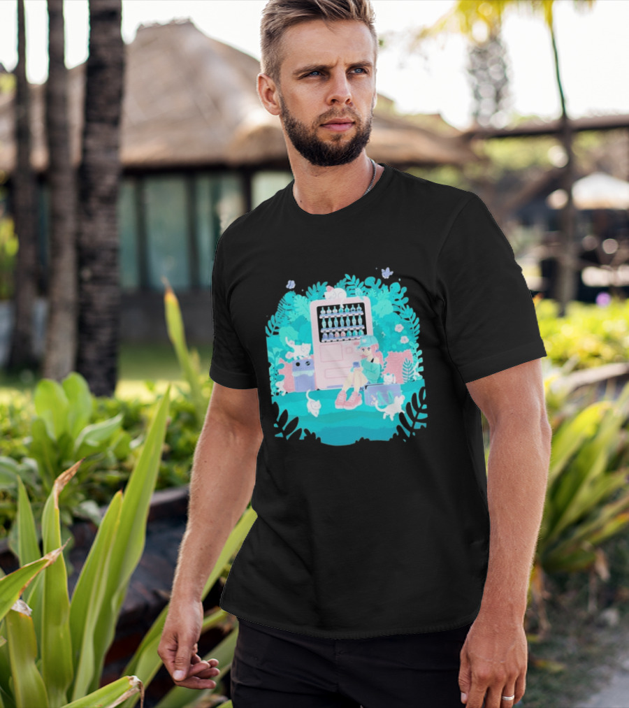 Cat Vending Machine Pastel Aesthetic With Sitting Girl And Cats T-Shirt